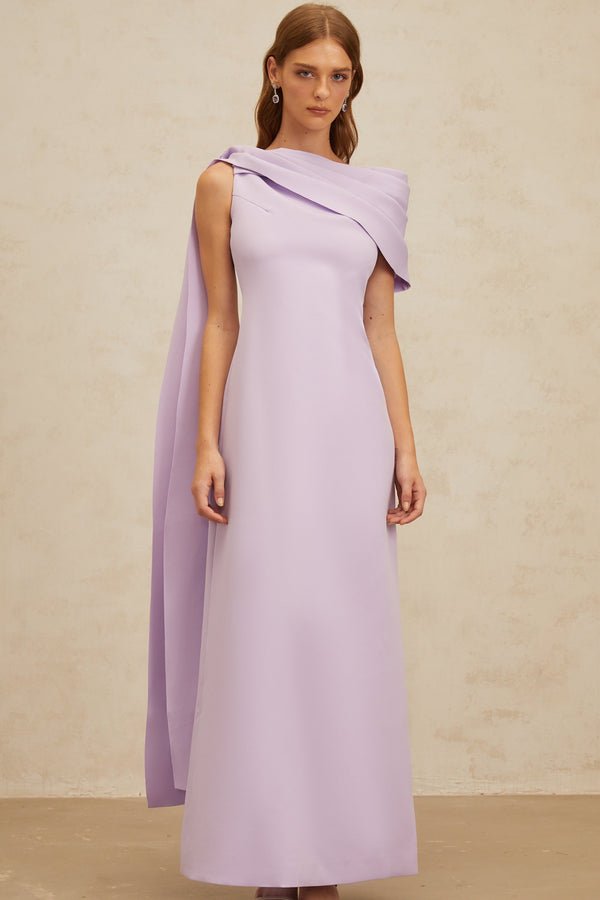 Annabelle Purple Cape-Design Ribbon Maxi Dress