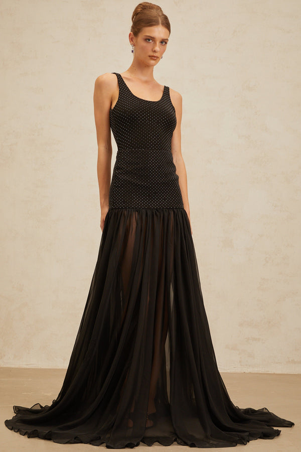 Camille Black Embellished Tulle Panel Maxi Skirt