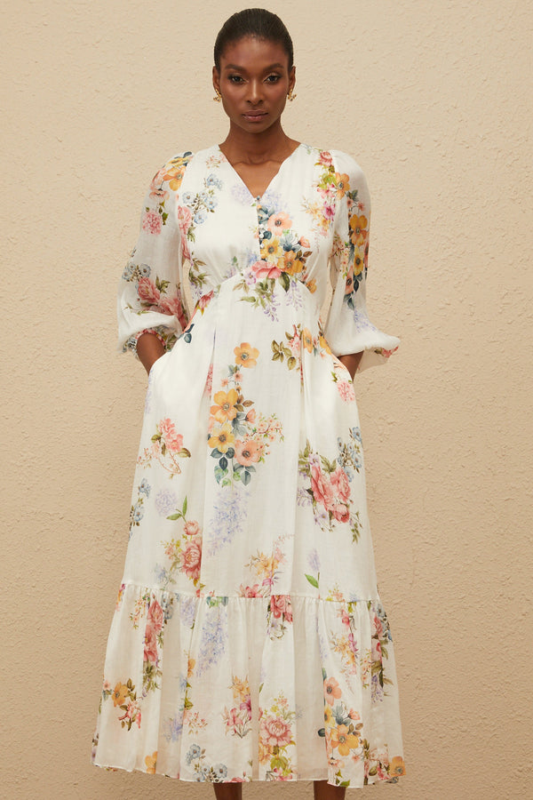 Noémie White Floral Print V-Neck Midi Dress