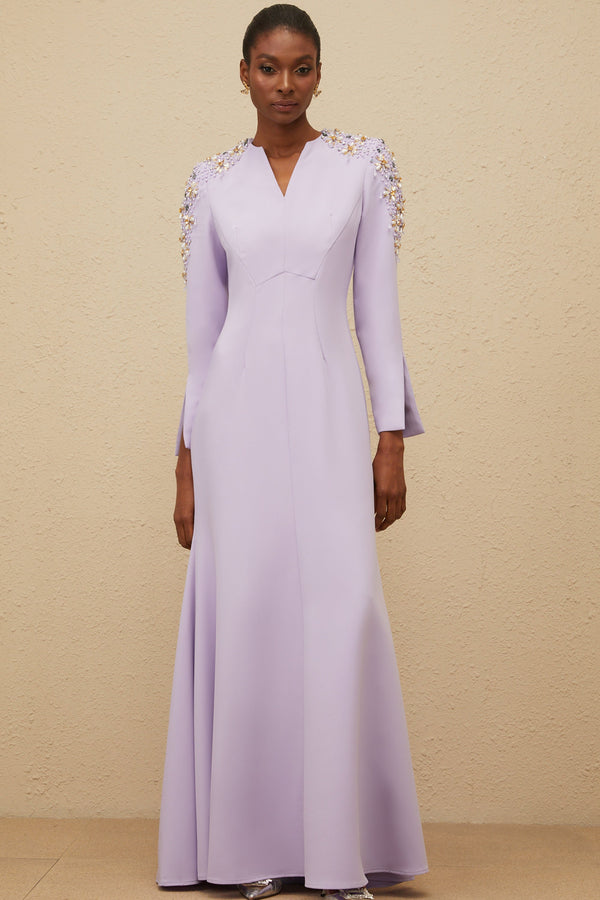Rêverie Purple Flared Embellished Maxi Gown