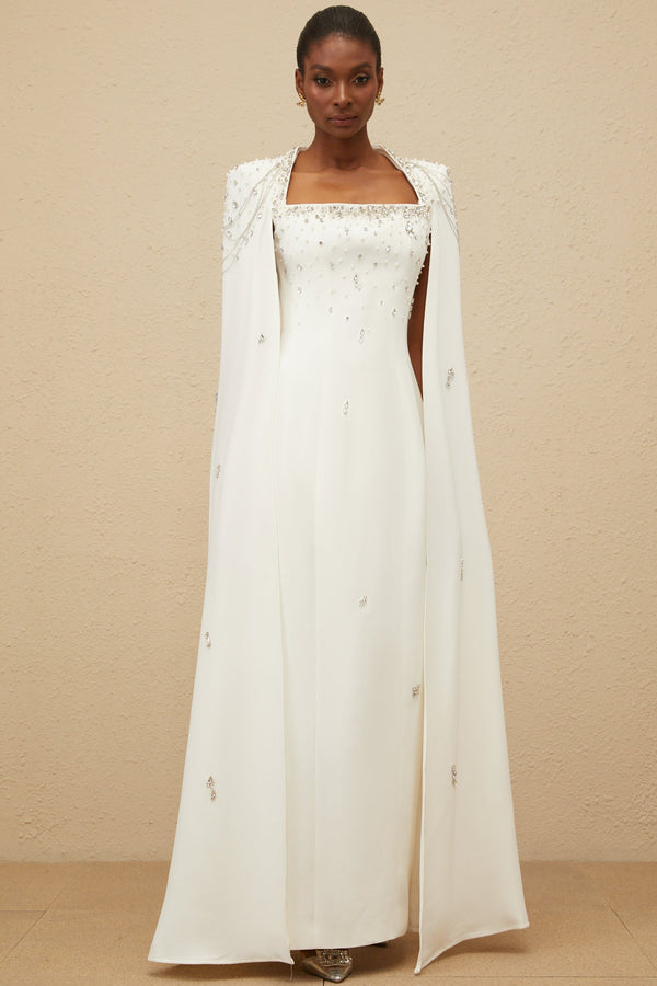 Épuré White Embellished Cape Gown
