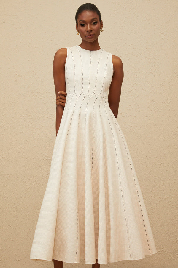 Délicatesse Neutral Shirred Textured Midi Dress