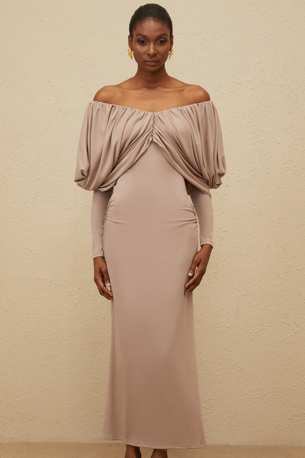 Roxane Grey Ruched Shift Midi Dress