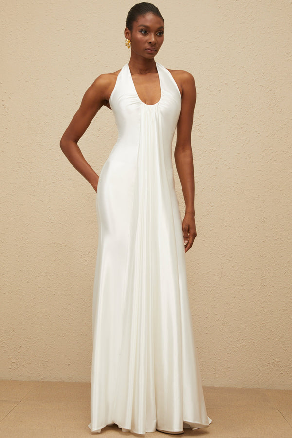 Céleste White Ruched Satin Maxi Dress