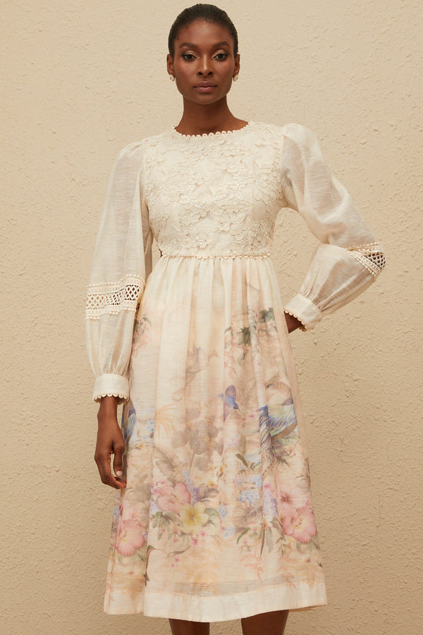 Isabella Beige Floral Embroidered Midi Dress