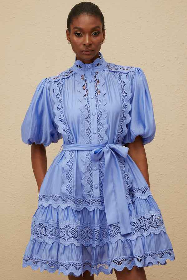 Poema Blue Tiered Motif Embroidered Mini Dress