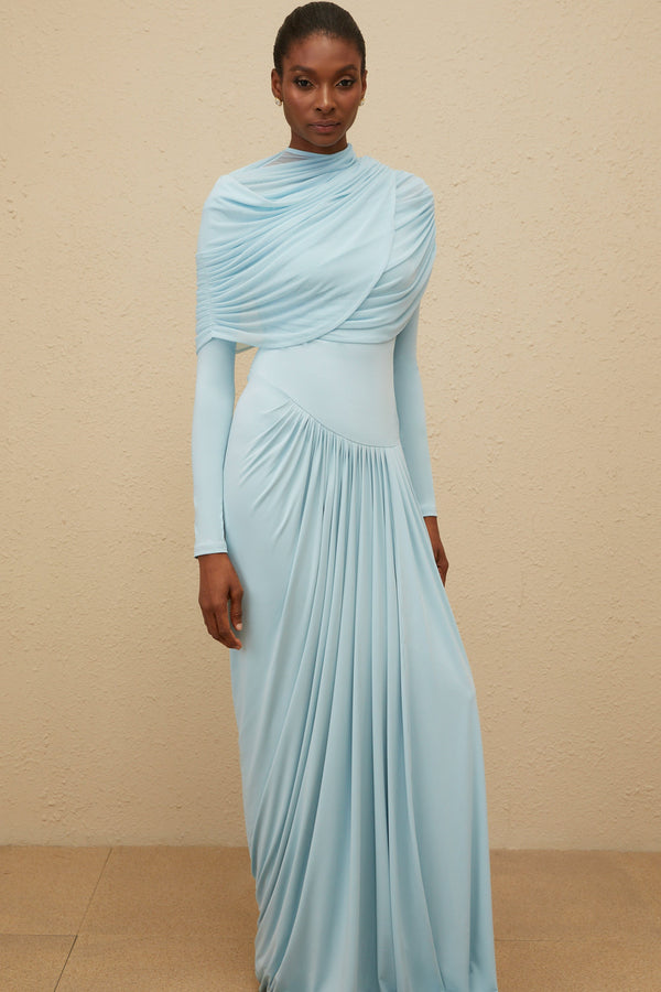 Catherine Baby-Blue Asymmetrical Pleated Long-Sleeve Maxi Dress