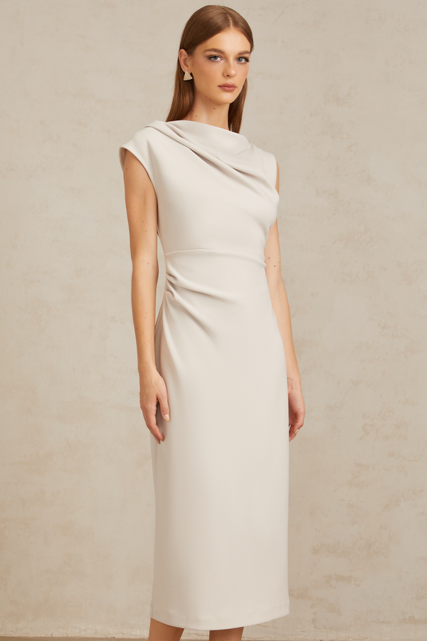 Jeanne Grey Ruched Pencil Midi Dress