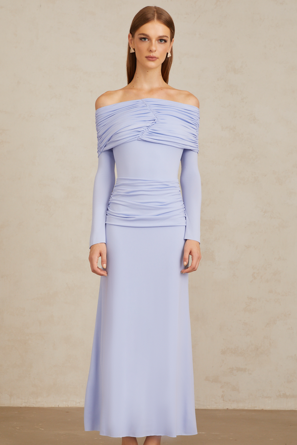 Katia Light Blue Off-Shoulder Ruched Maxi Dress