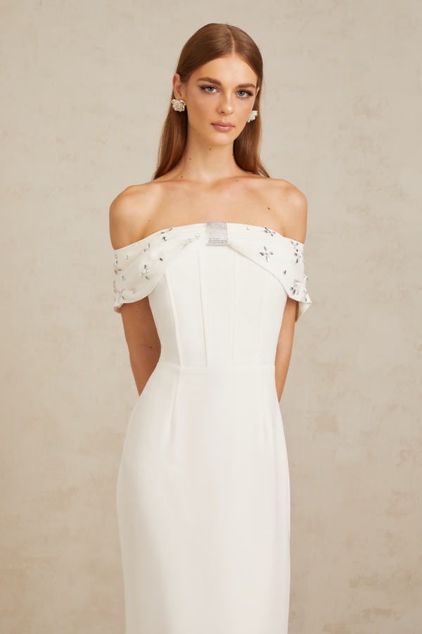Elli White Off-Shoulder Embellished Midi Dress