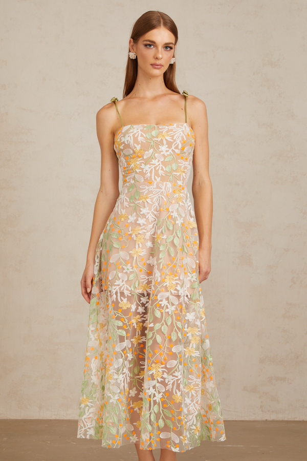 Bérénice Neutral Floral Embroidered Flare Maxi Dress