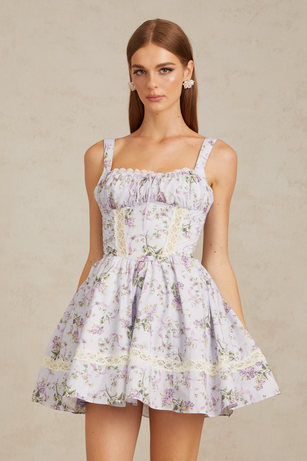 Apolline Lilac Lace Trim Floral Mini Dress