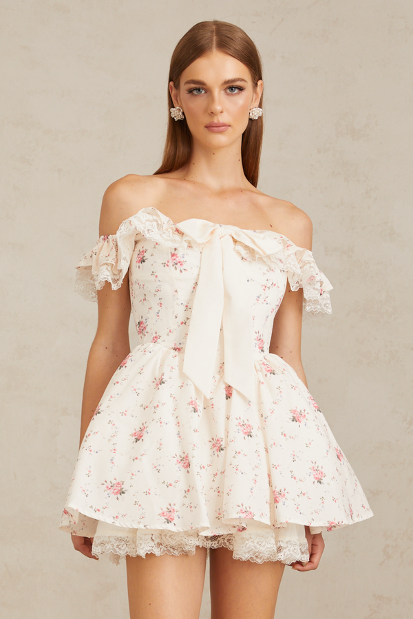 Arsène White Oversize Bow Floral Print Mini Dress