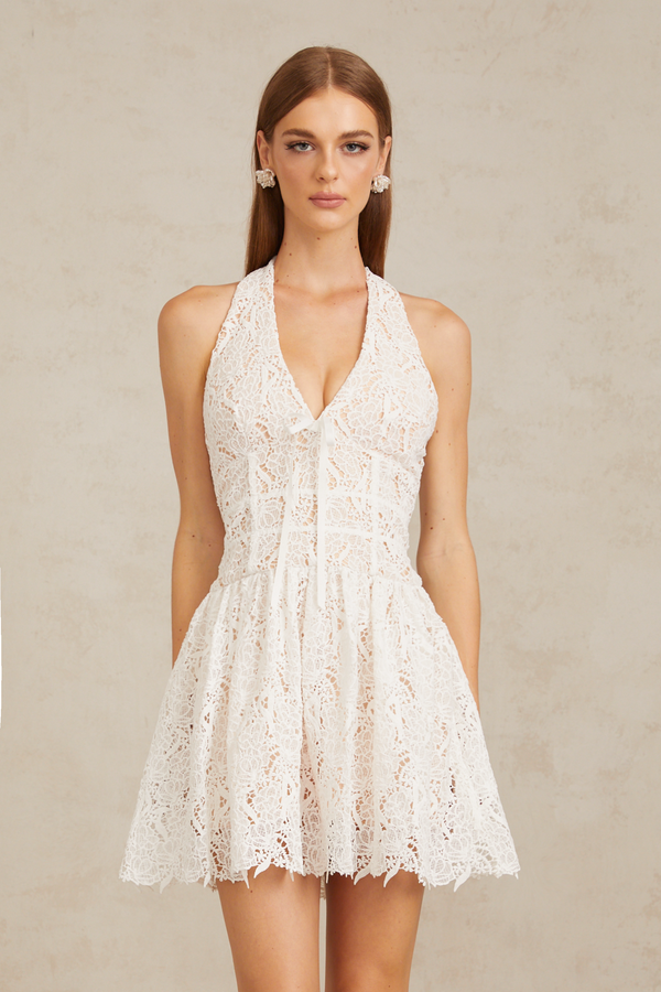 Quincia White Halterneck Corded Lace Mini Dress