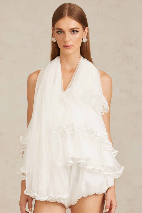 Ella White Ruffled Tulle Top & Shorts Co-ord Set