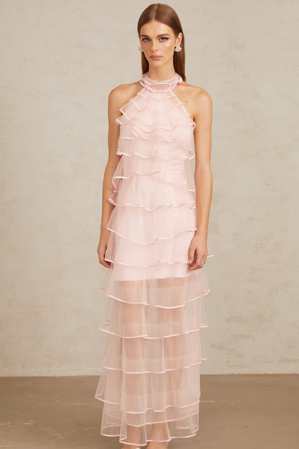 Nonchalante Pink Tiered Halterneck Maxi Dress
