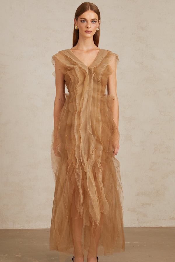 Céleste Brown Layered Tulle Maxi Gown