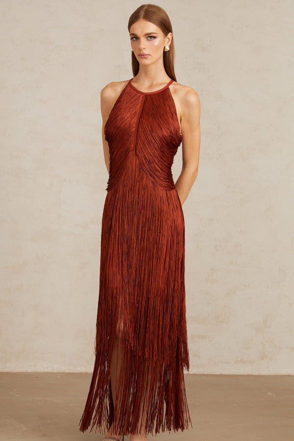 Mélisande Rusty Red Halterneck Fringed Maxi Gown