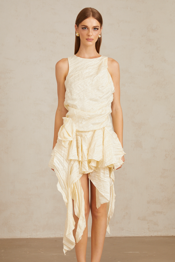 Helka Neutral Creased Asymmetrical Floral Mini Dress