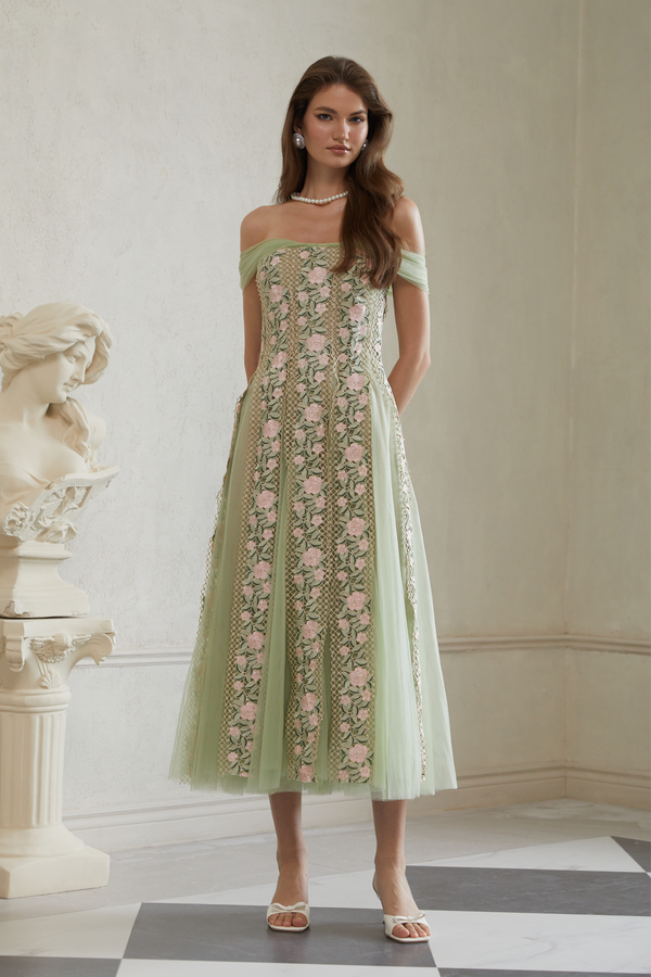 Eleni Green Tulle Panel Floral Midi Dress
