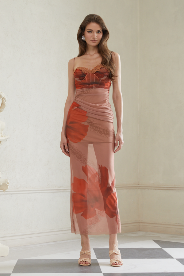 Églantine Brown Floral Print Mesh Maxi Dress