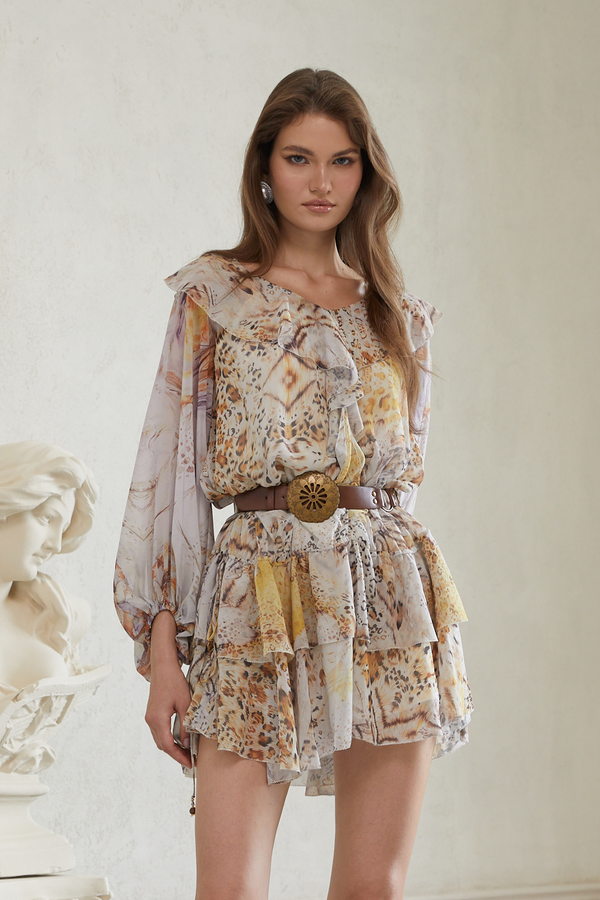 Faustine Grey Leopard Print Chiffon Mini Dress