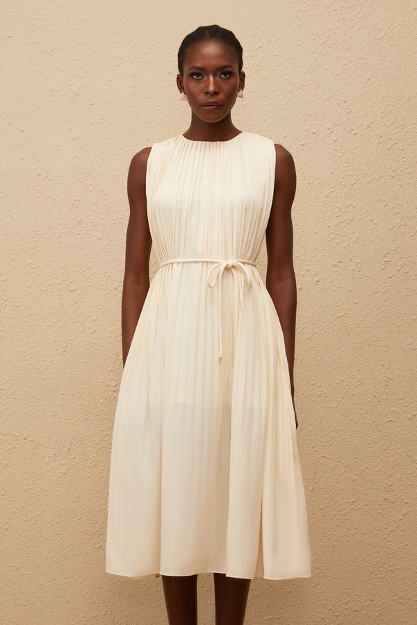 Célestine Neutral Sleeveless Pleated Midi Dress