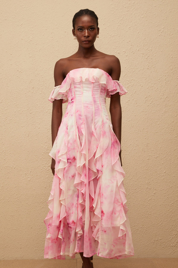 Fleur Pink Ruffled Floral Print Maxi Dress