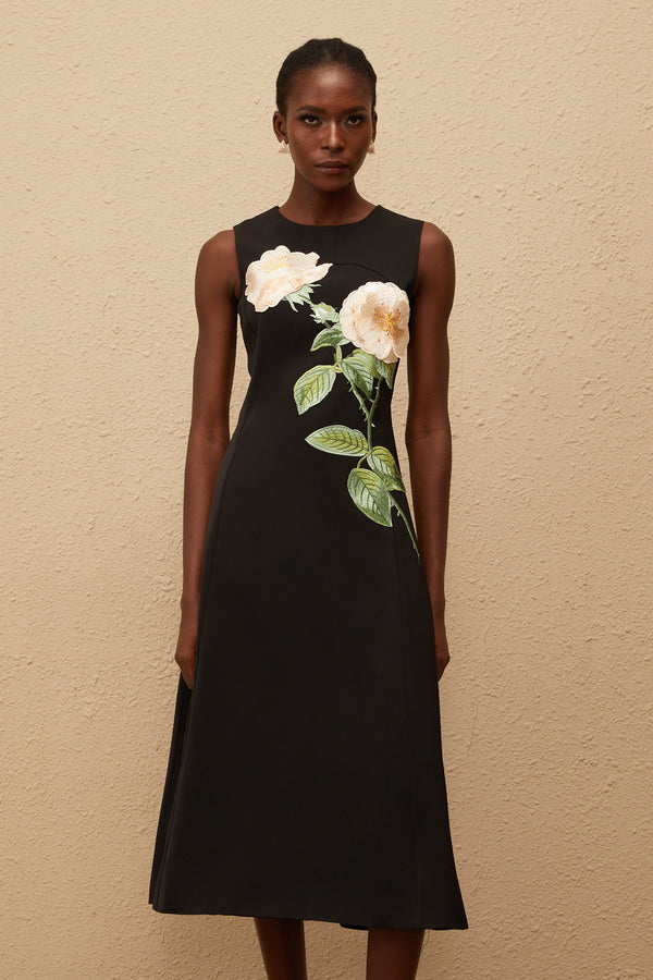 Mackenzie Black Floral Embroidered Midi Dress