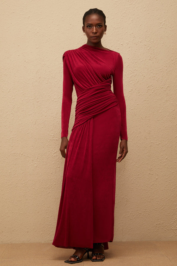 Charme Red Ruched Maxi Dress