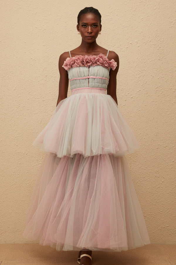 Hermione Grey 3D Petal Tulle Maxi Dress