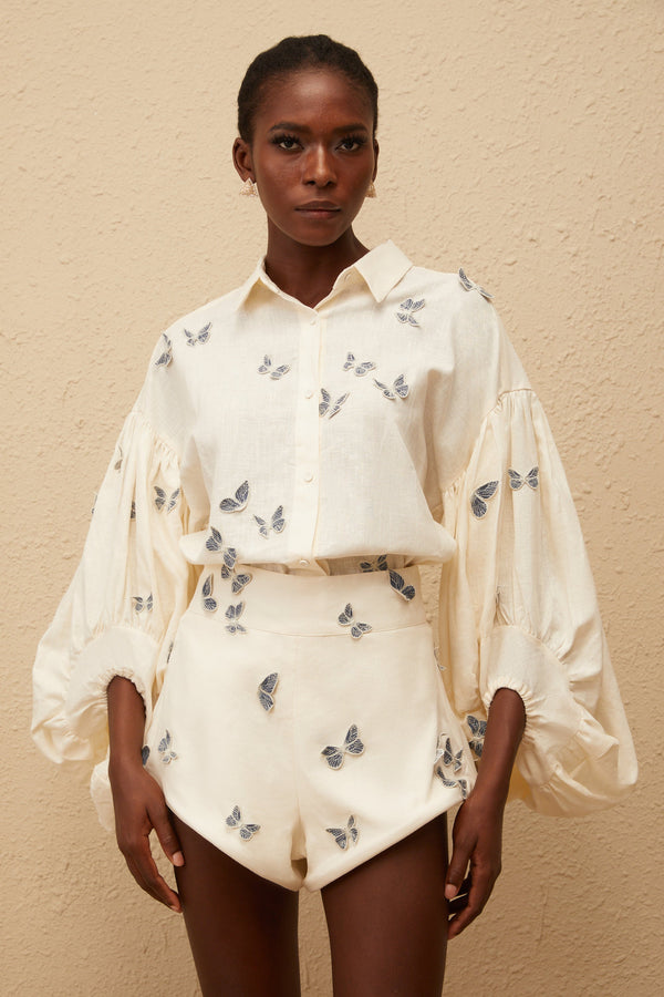Ophélie White Butterfly Embroidered Shirt & Shorts Set