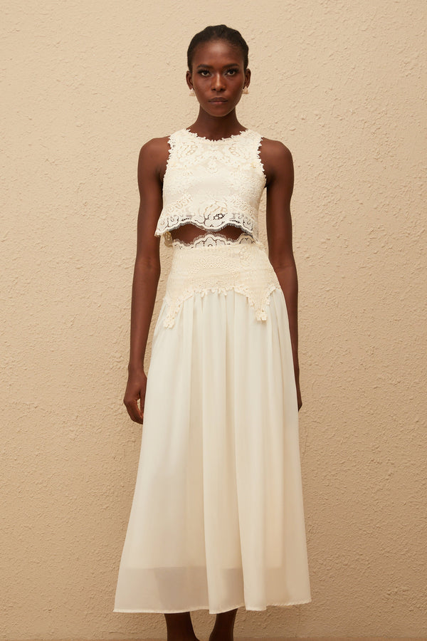 Clothilde White Floral Lace Top & Skirt Set