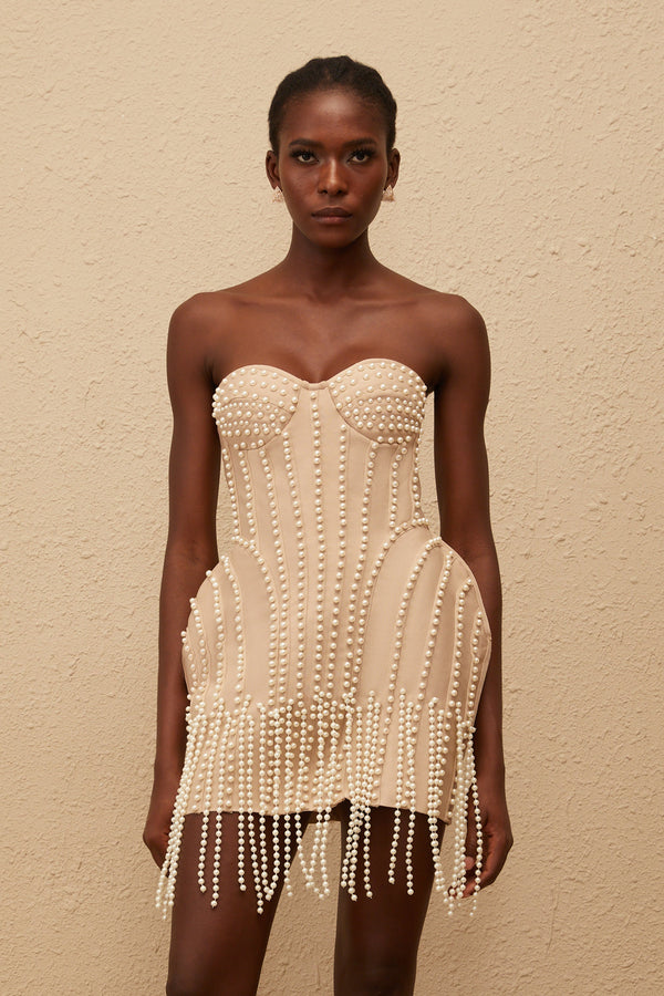 Delilah Neutral Faux Pearl Fringed Mini Dress
