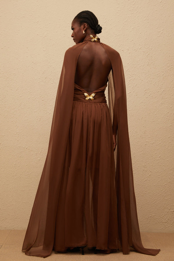 Coralie Brown Cape Design Pleated Tulle Gown