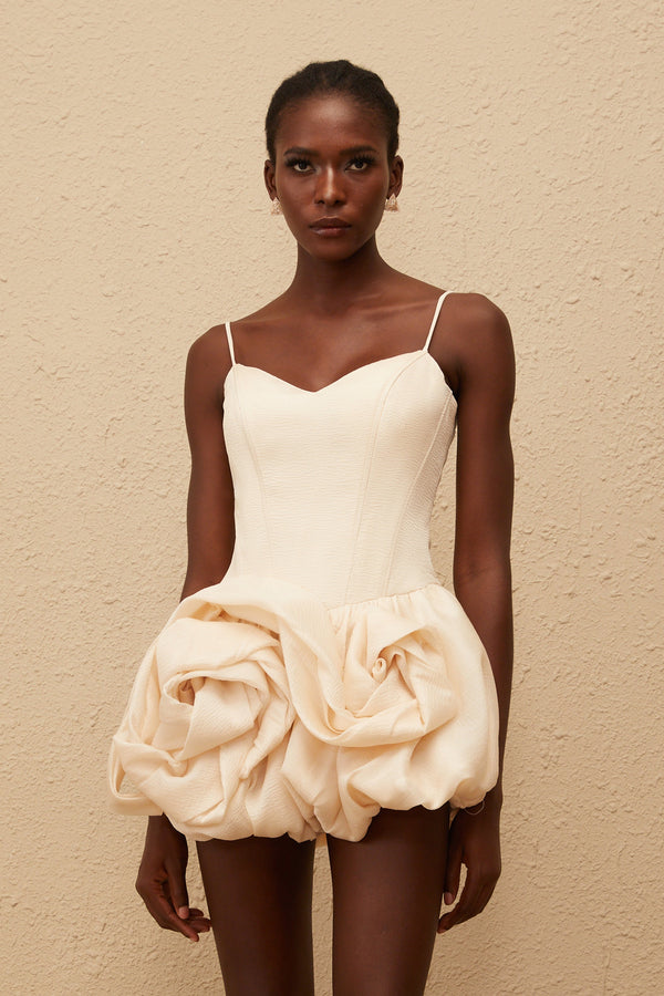 Melanie Neutral 3D Petal Bubble Mini Dress