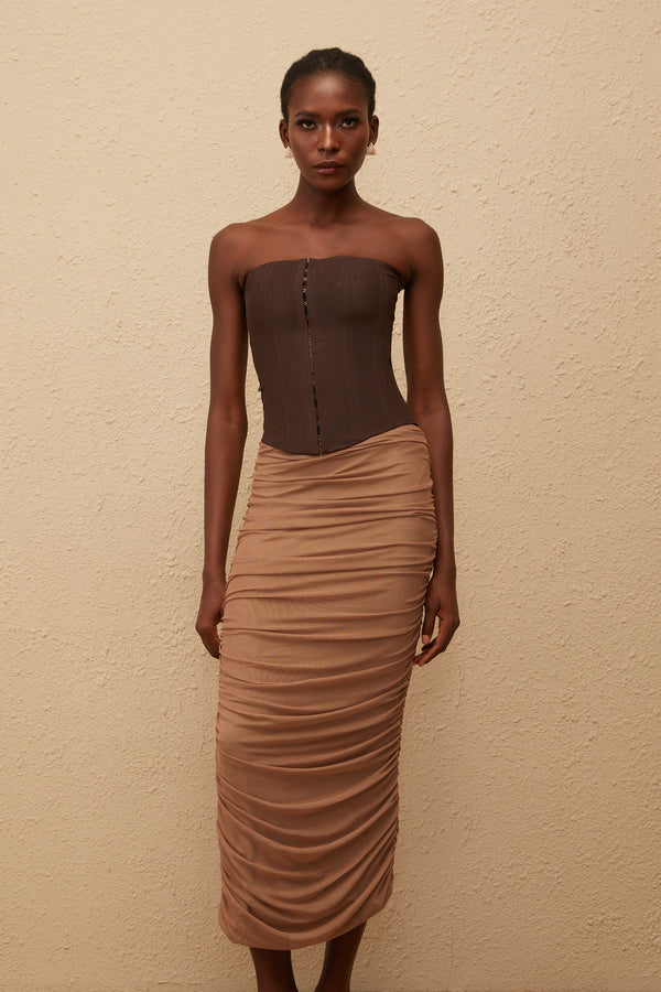 Paisley Brown Panelled Draped Mesh Midi Dress