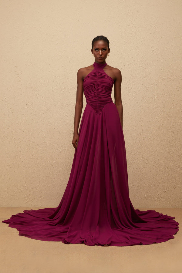 Kerstin Purple Train Design Ruched Maxi Dress