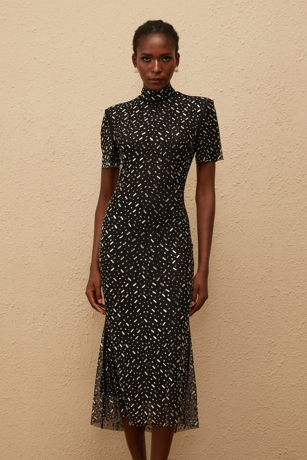 Donatienne Black Embellished Mesh Midi dress