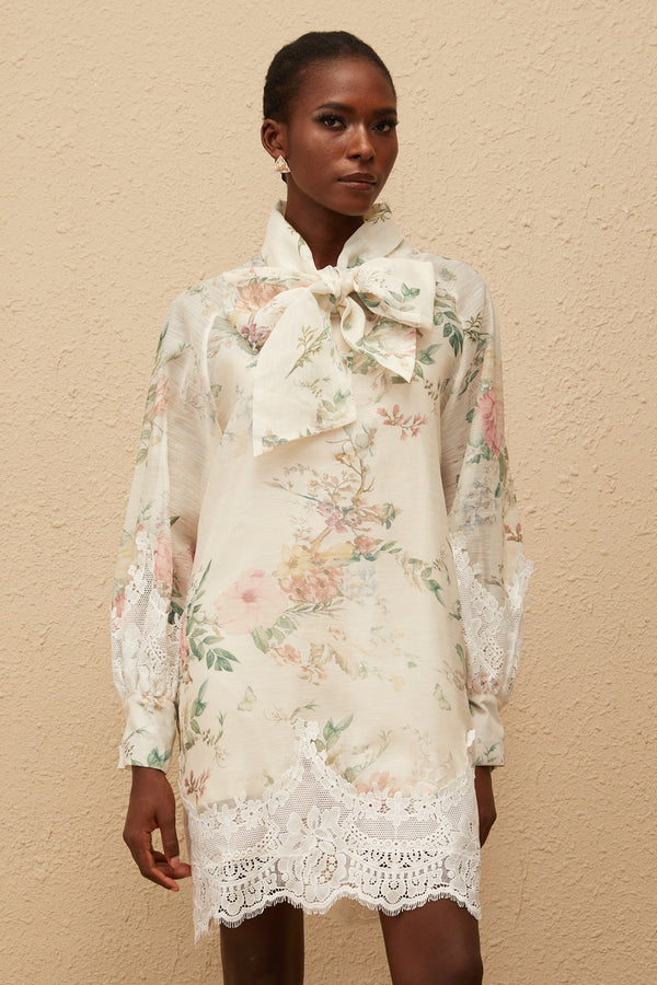 Isabelle Neutral Lace Trim Floral Mini Dress