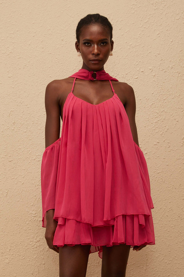 Aveline Hot Pink Pleated Chiffon Mini Dress