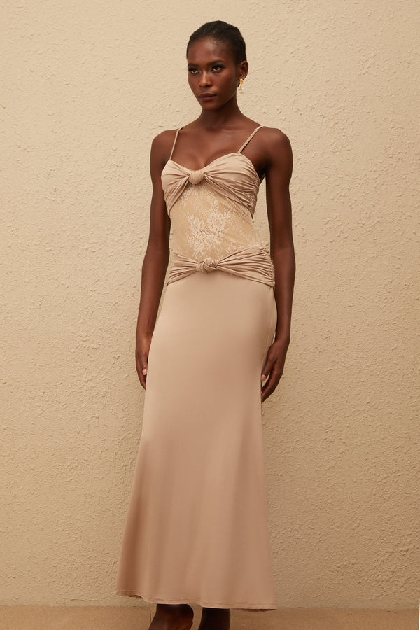 Nevaeh Khaki Twisted Lace Panel Maxi Dress