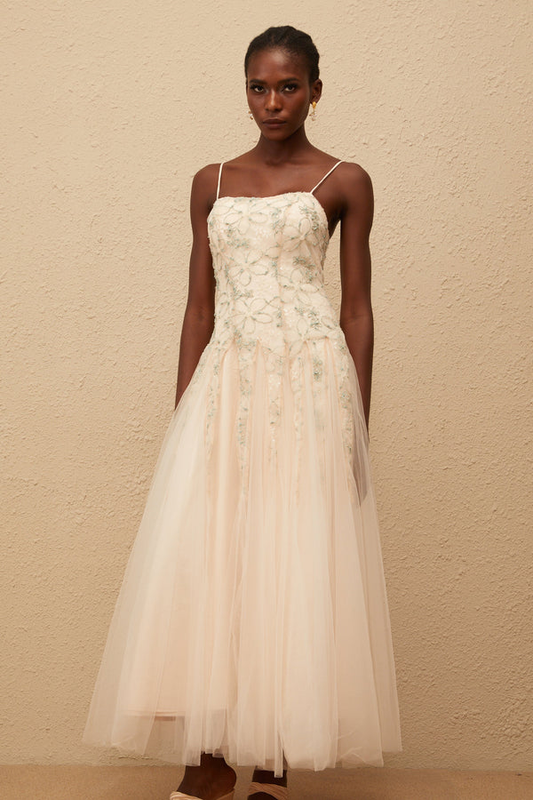 Madeline Green Floral Embroidered Tulle Maxi Dress