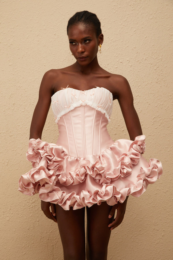 Laurine Pink Ruffled Satin Mini Dress