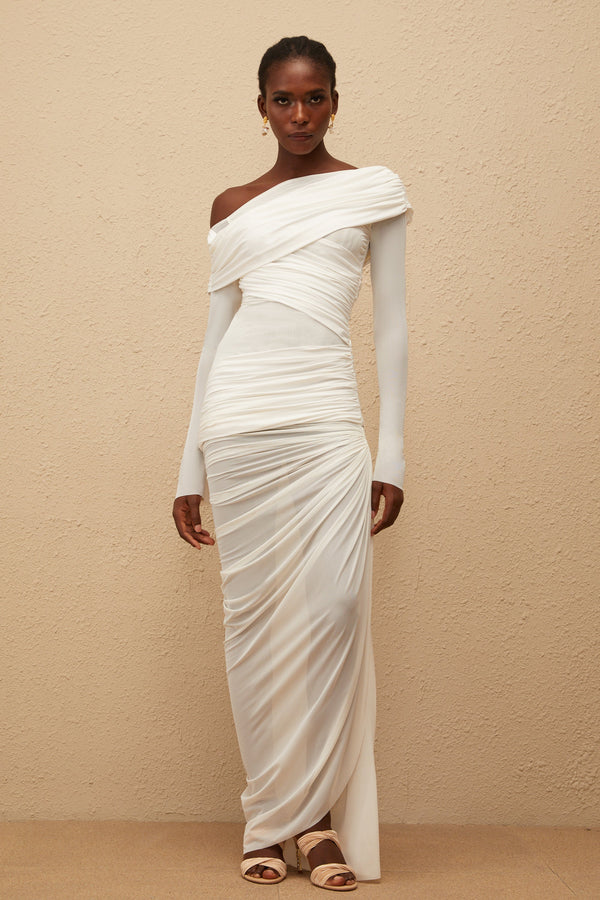 Melanie White Asymmetrical Ruched Mesh Maxi Dress