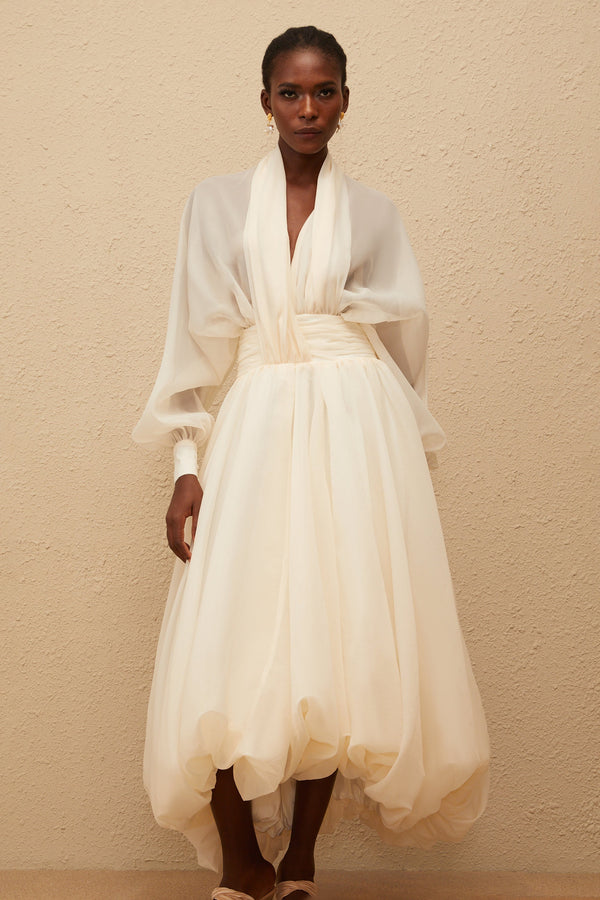 Riley Cream White Draped Tulle Maxi Dress