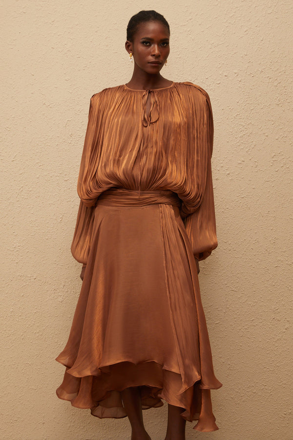 Eugénie Pleated Ruffle Maxi Dress in Brown
