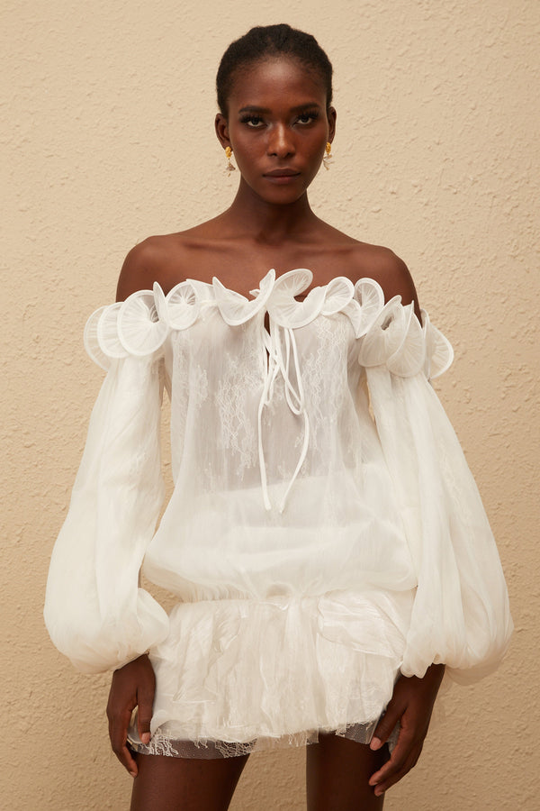 Elise White Crinkled Floral Appliqué Mini Dress