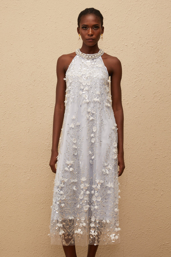 Quitterie Blue Embellished Floral Tulle Midi Dress