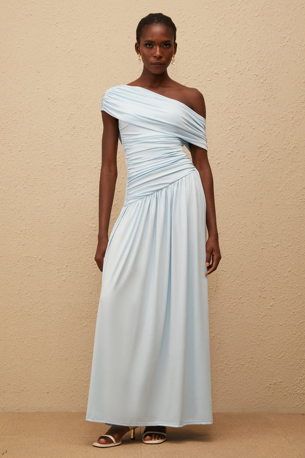 Lueur Blue One Shoulder Ruched Maxi Dress